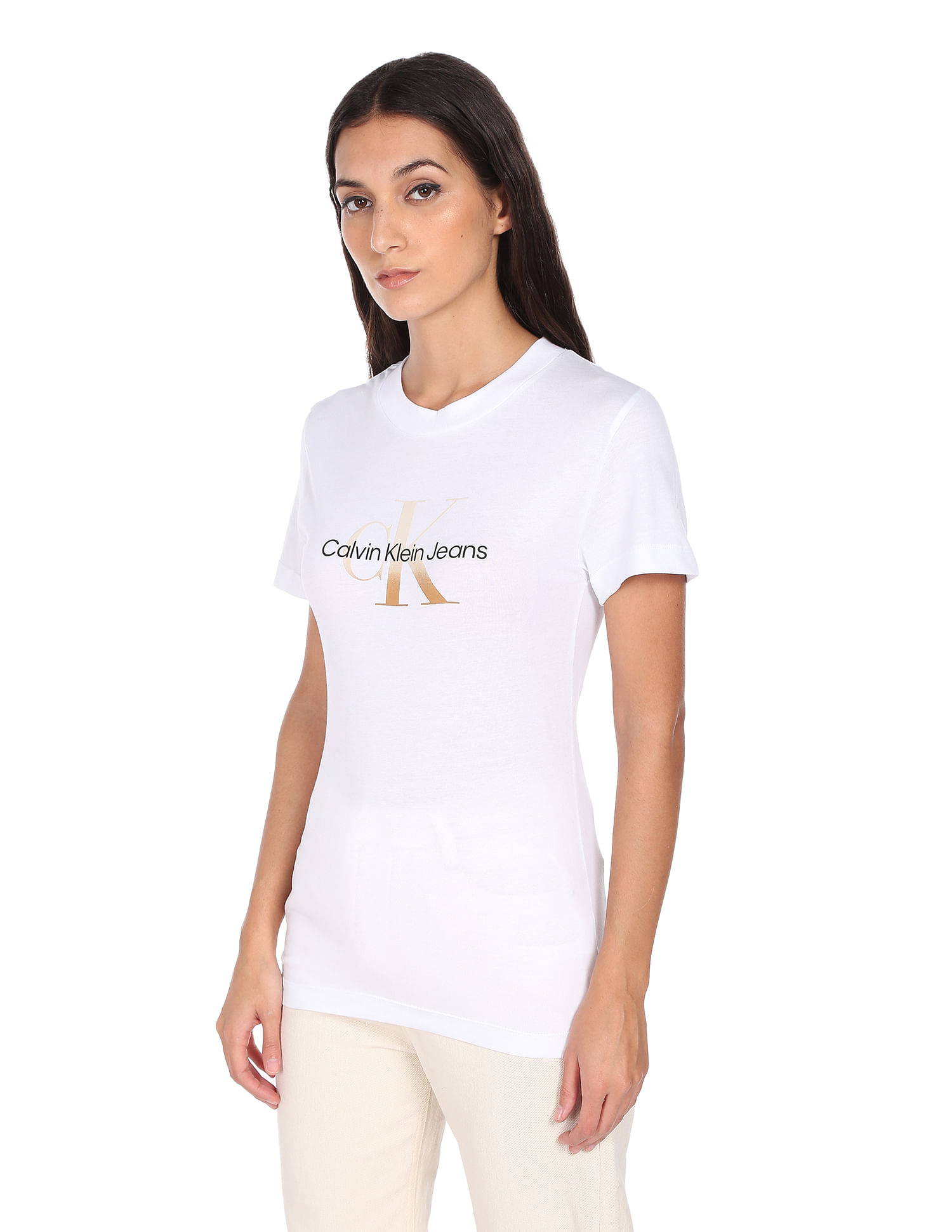 Buy Calvin Klein Women Women White Short Sleeve Logo T-Shirt - NNNOW.com