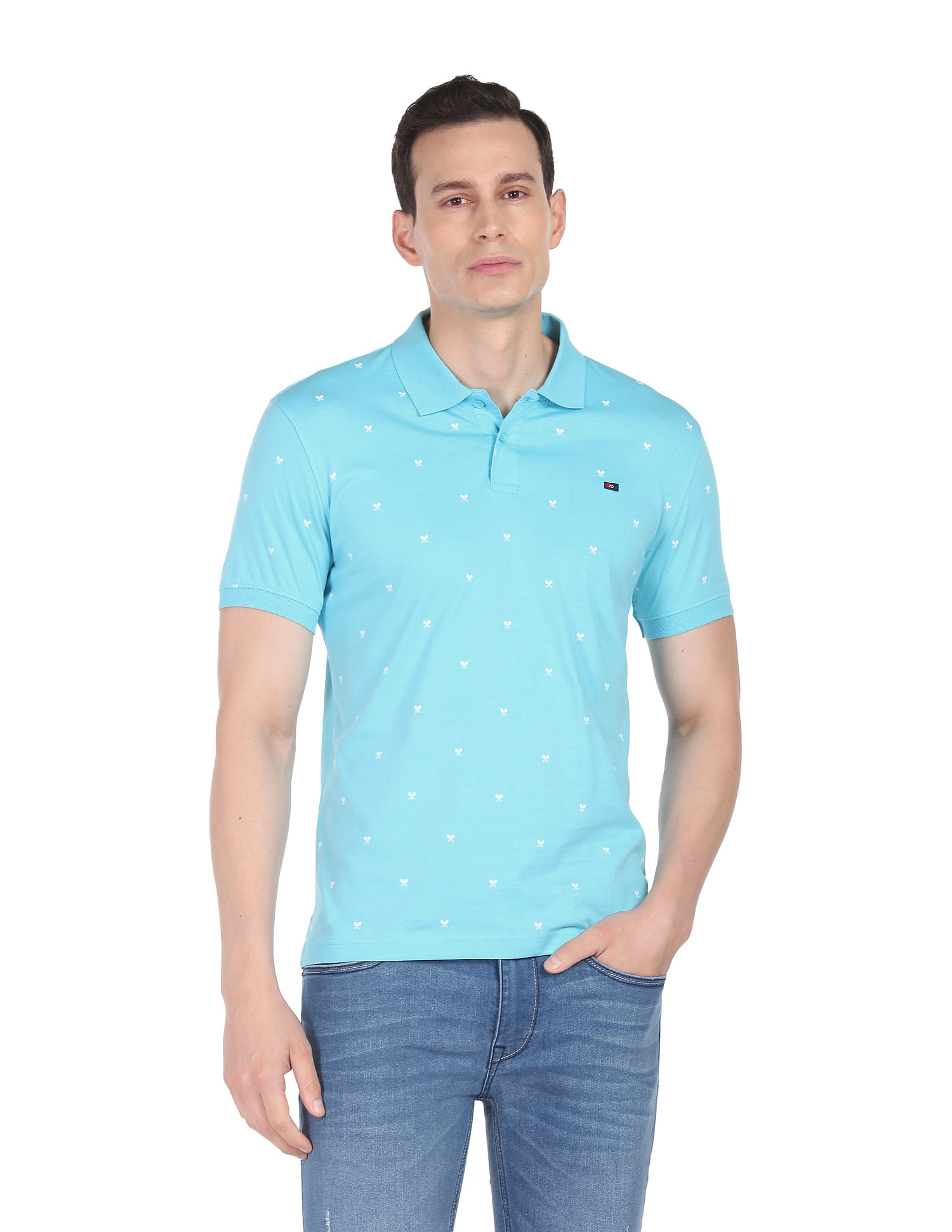 AD by Arvind Geometric Print Cotton Polo Shirt
