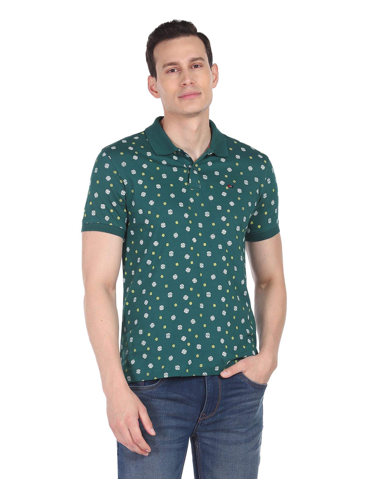 AD by Arvind Geometric Print Cotton Polo Shirt