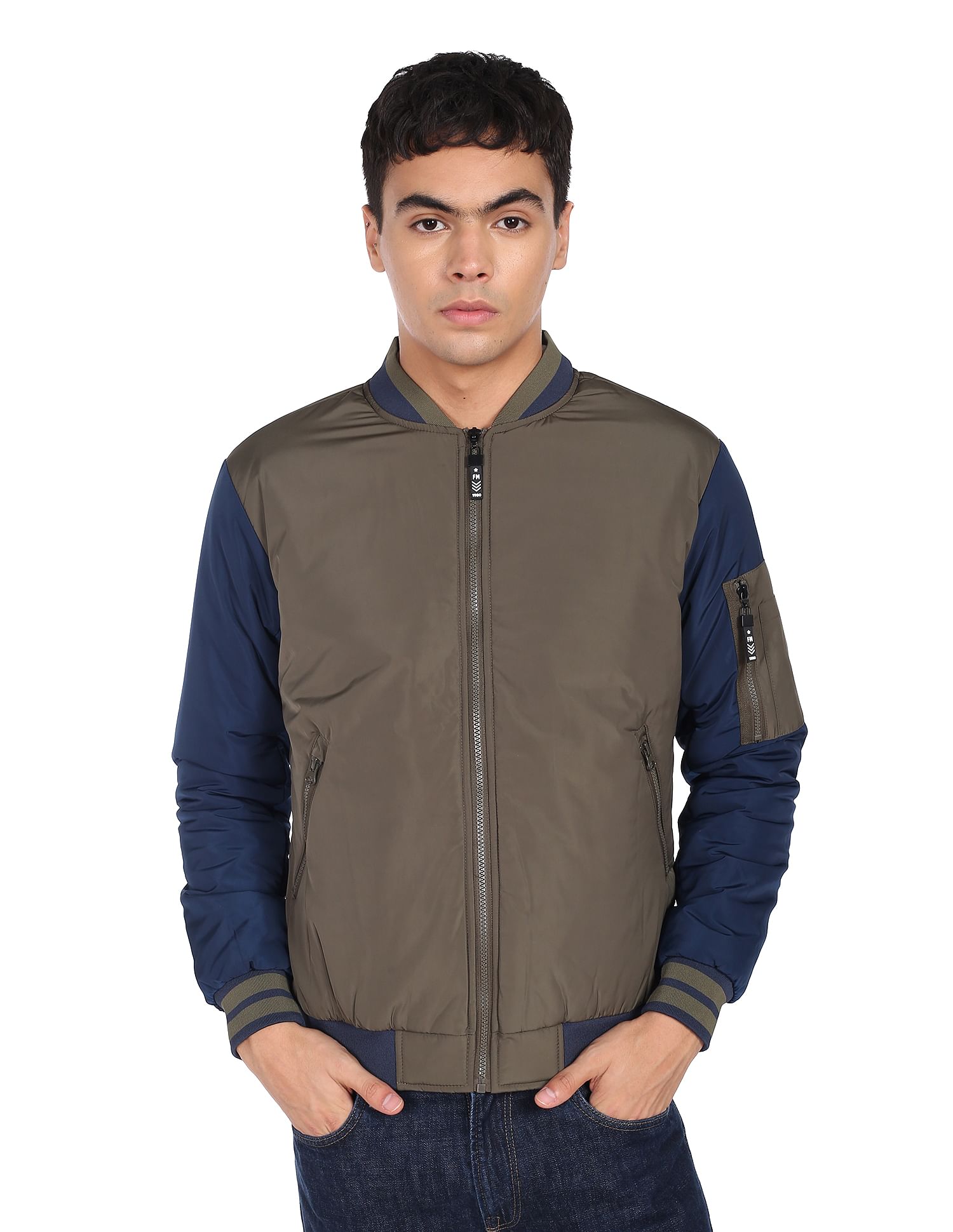 Flying Machine Stand Collar Colour Block Bomber Jacket