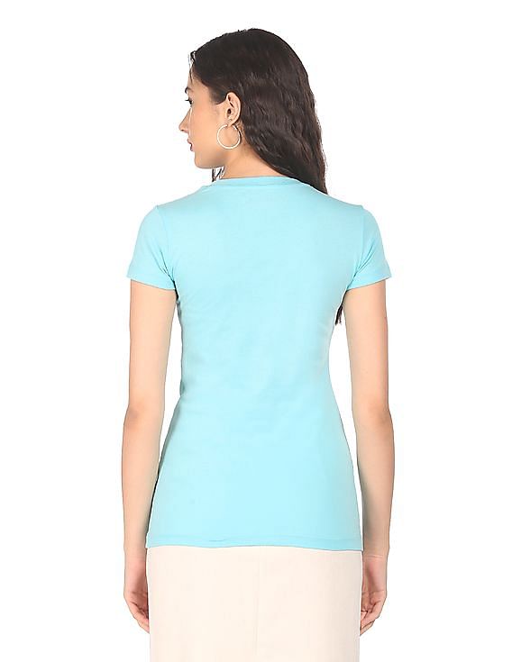 Aeropostale Women Aqua Cotton Brand Print T-Shirt