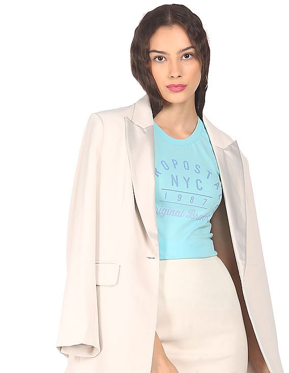 Aeropostale Women Aqua Cotton Brand Print T-Shirt