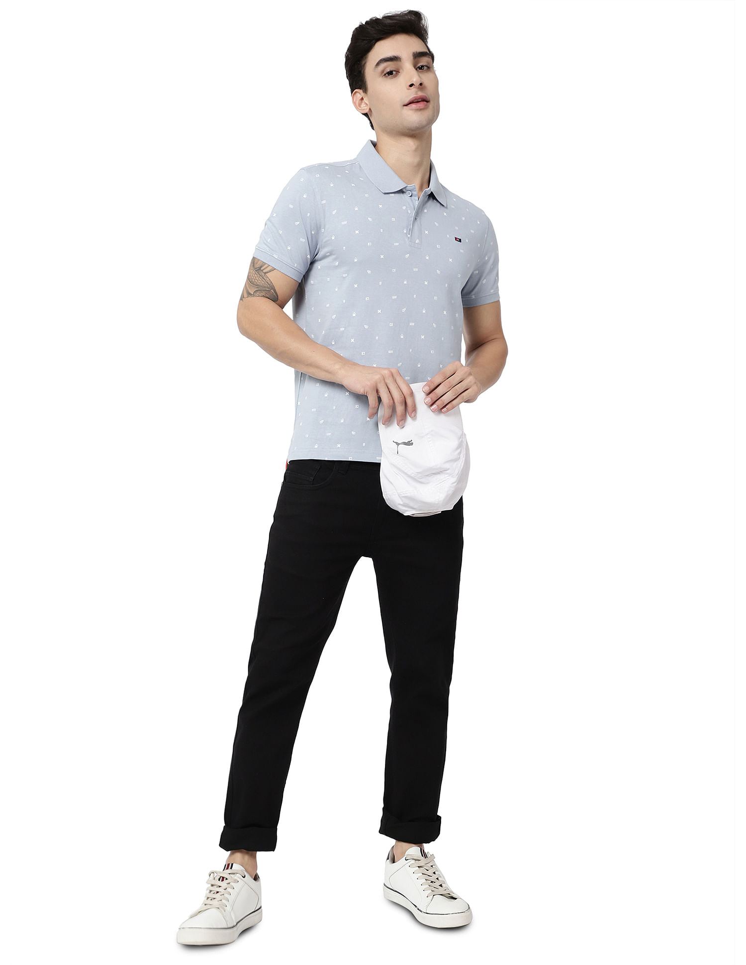 AD by Arvind Metallic Geometric Print Cotton Polo Shirt