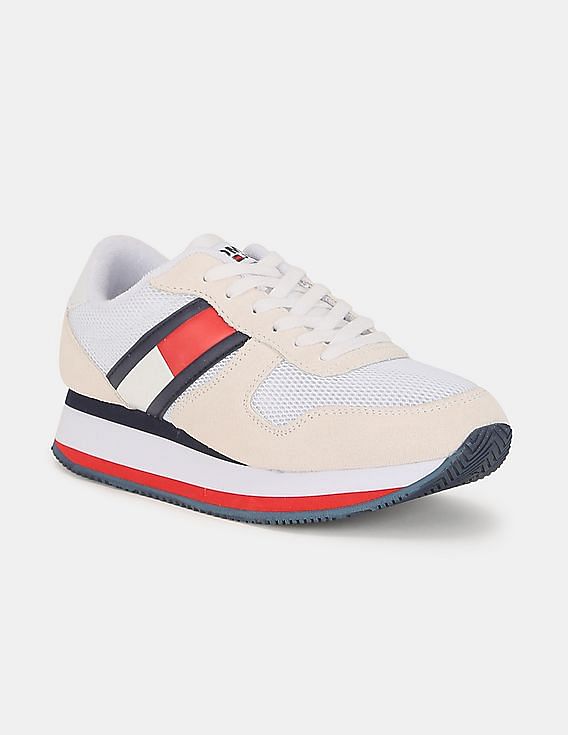 Buy Tommy Hilfiger Women Beige And Off White Flatform Runner Suede Panel Sneakers NNNOW