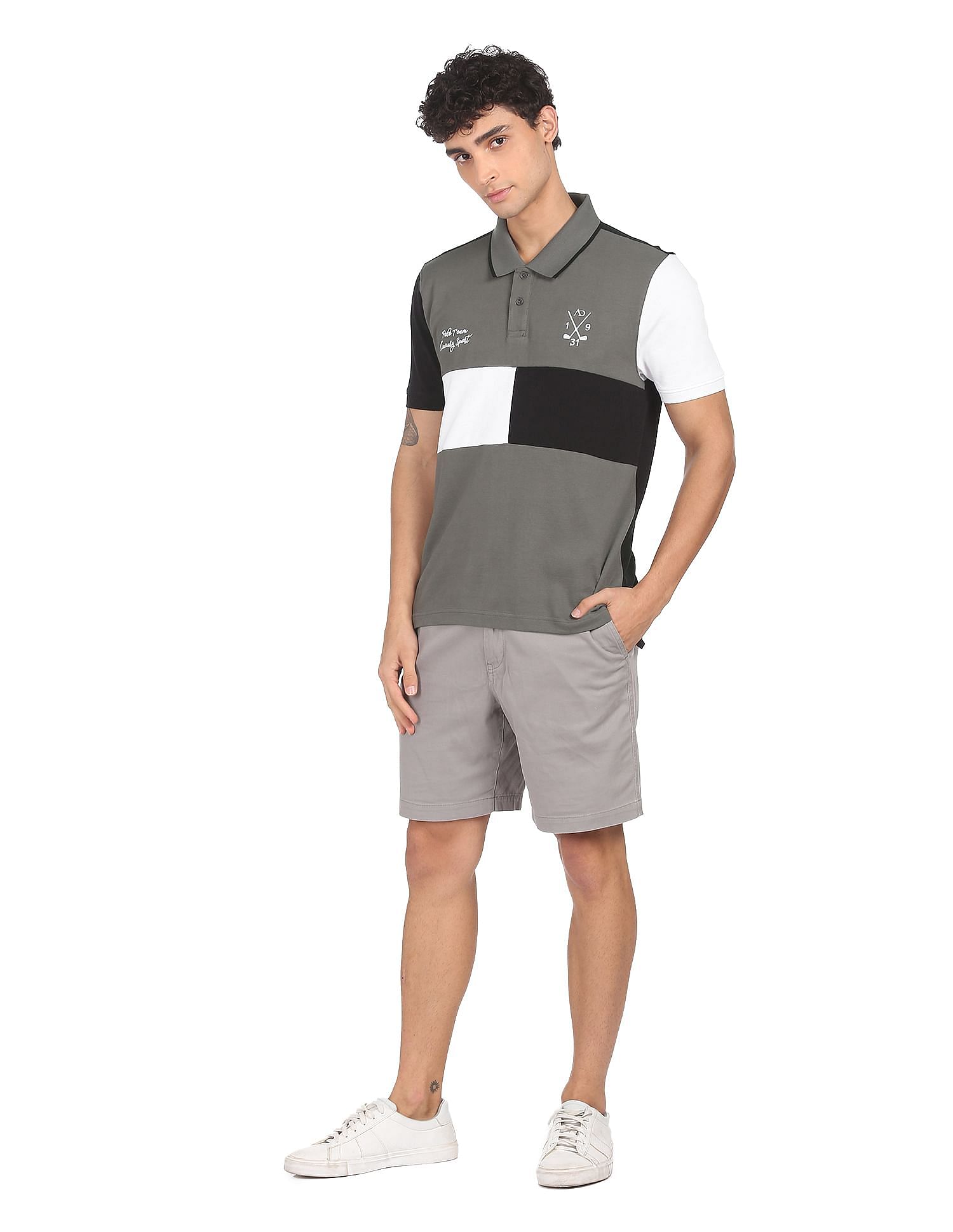 AD by Arvind Cotton Panelled Colour Block Polo Shirt