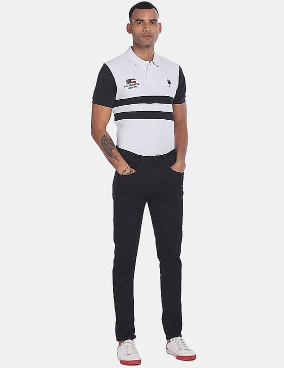 U.S. Polo Assn. Men White And Black Cotton Striped Polo Shirt