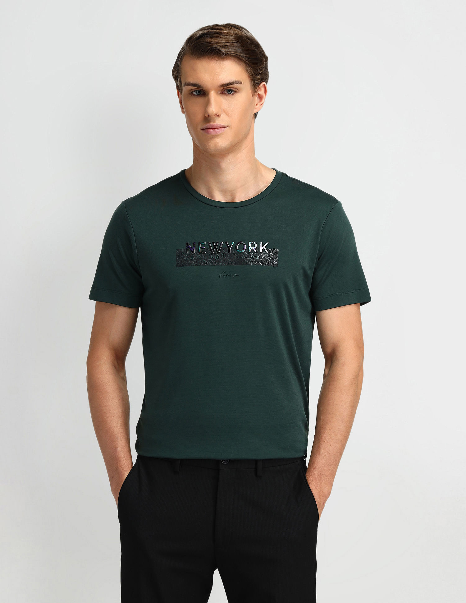 Arrow Newyork Typographic Printed Round Neck T-Shirt
