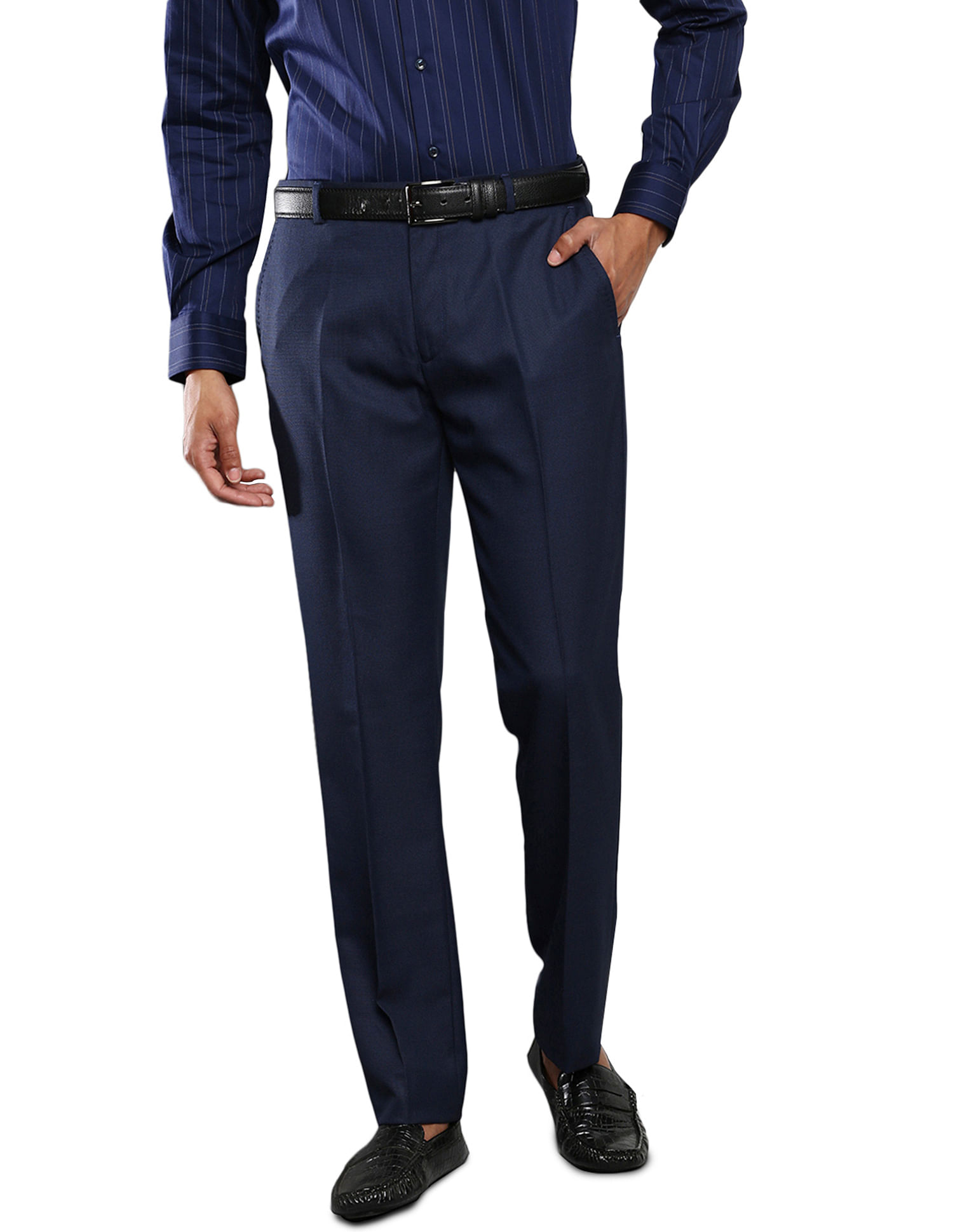Mens Navy Blue Cotton Spandex Solid Trousers  Style Union
