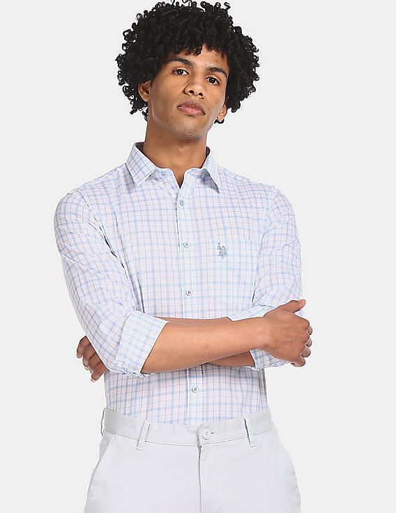 USPA Tailored Men Light Blue Spread Collar Check Formal Shirt