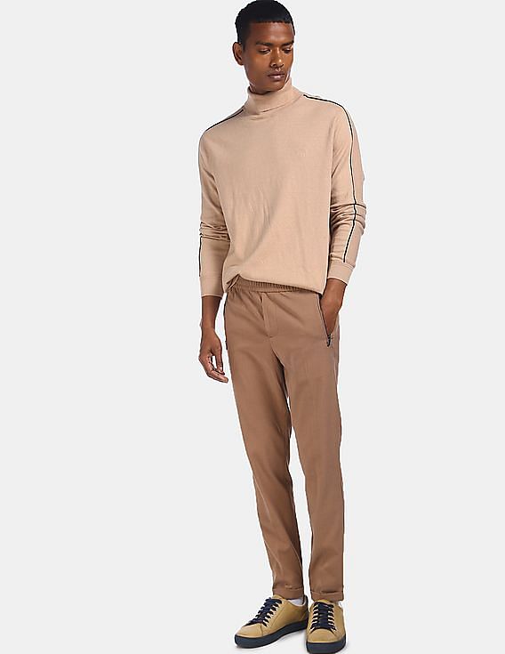 Calvin Klein Men Beige Turtleneck Contrast Piping Sweater