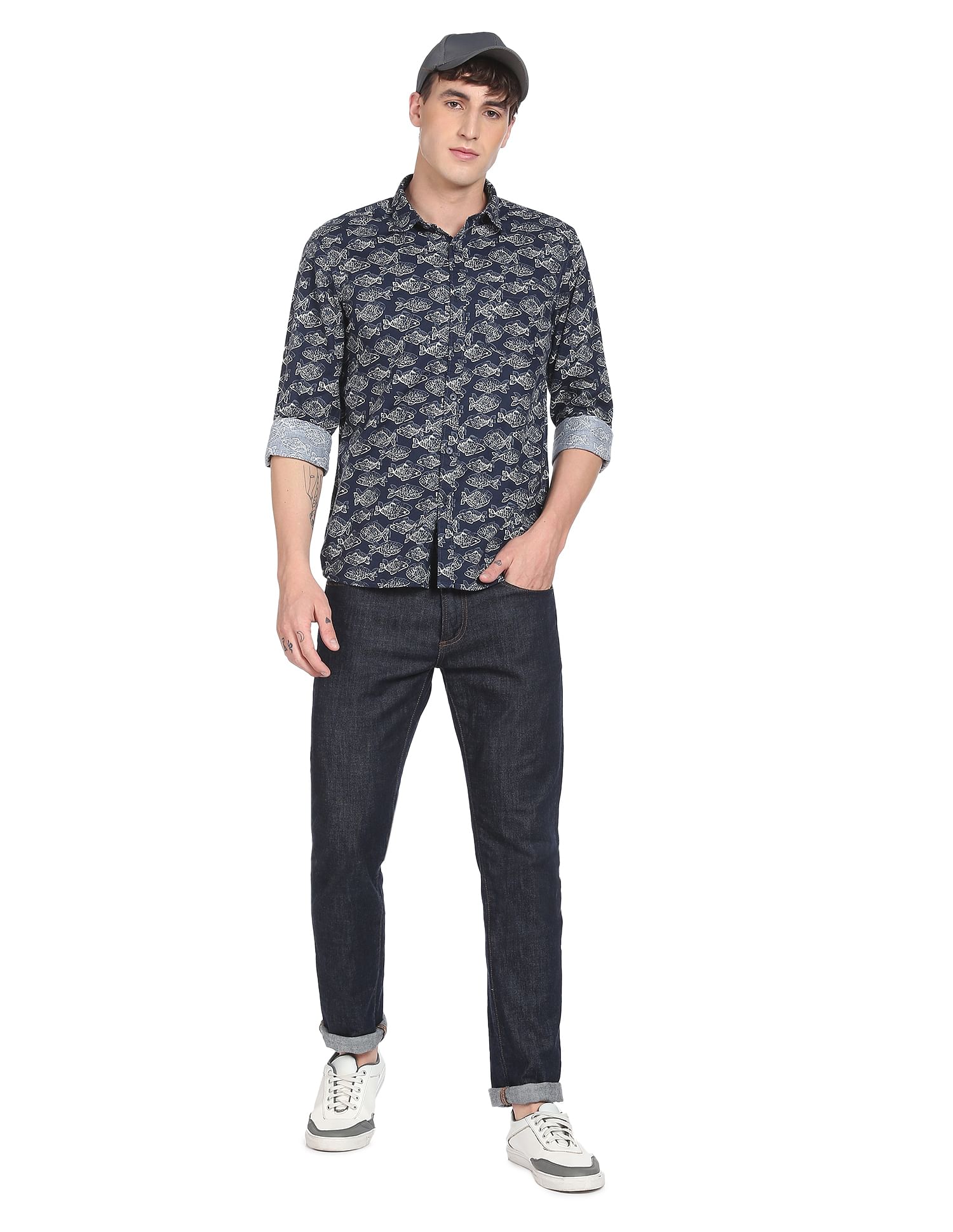 Flying Machine Spread Collar Abstract Print Shirt