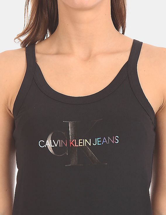 Calvin Klein Underwear Women Black Monogram Logo Print Cotton Bodysuit