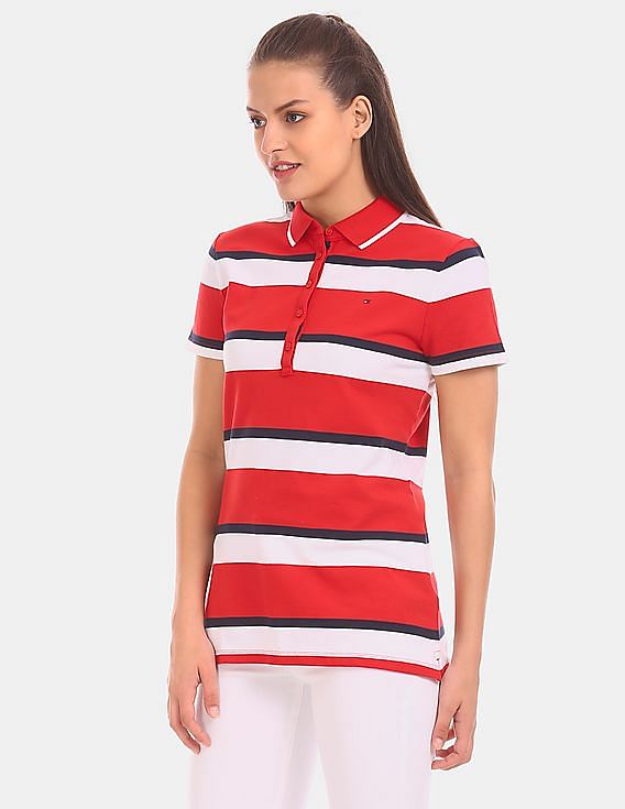White Striped Pique Polo Shirt, Red And White Stripe Rugby Shirt Womens