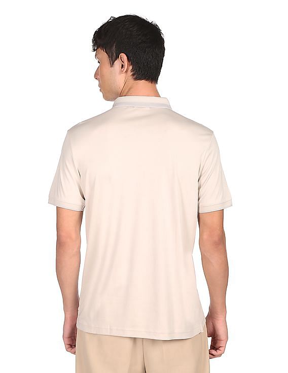 Calvin Klein Men Beige Half Zipper Smooth Cotton Polo Shirt