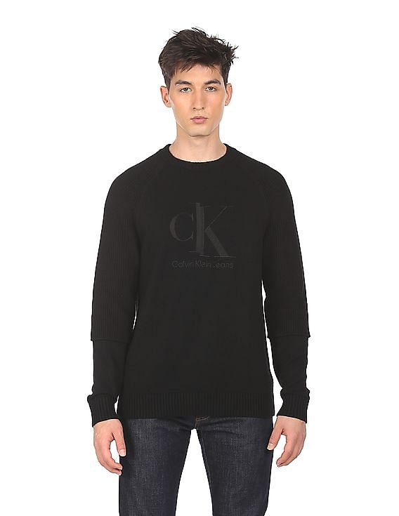 Calvin Klein Men Black Solid Ribbed Crew Neck Solid Sweater