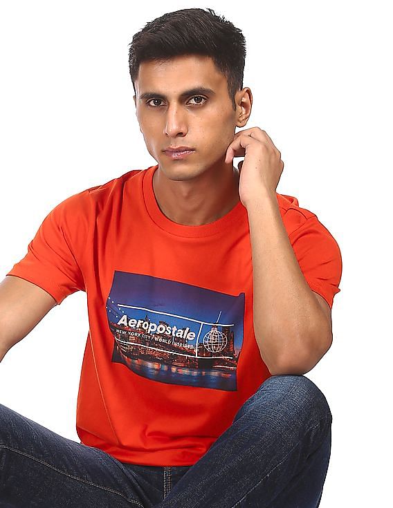 Aeropostale Men Orange Round Neck Graphic Print T-Shirt