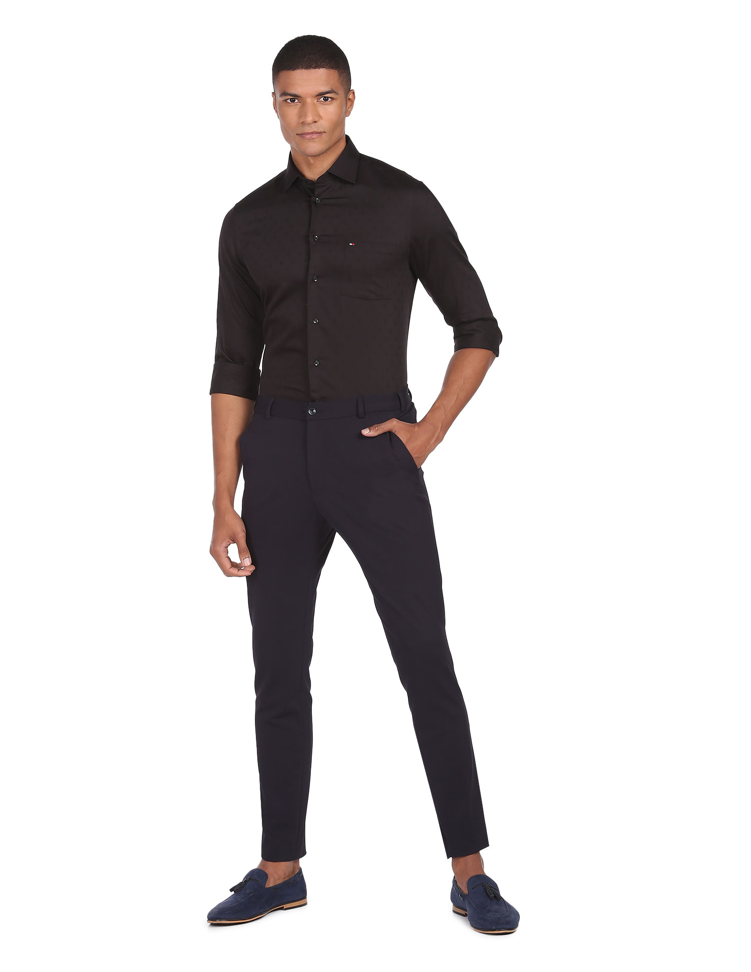 Tommy Hilfiger Men Black Jaquard Patterned Weave Formal Shirt