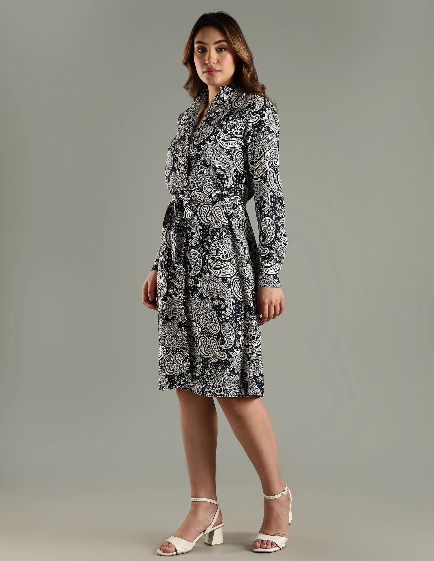 knee length a line dress Brown Ethnic Motif Print Cotton A-Line Midi Dress – Mandarin Collar – –  Fabforever main image 1