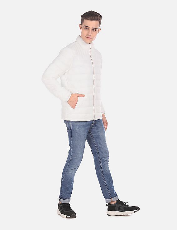U.S. Polo Assn. Men White Stand Collar Quilted Jacket With Pouch