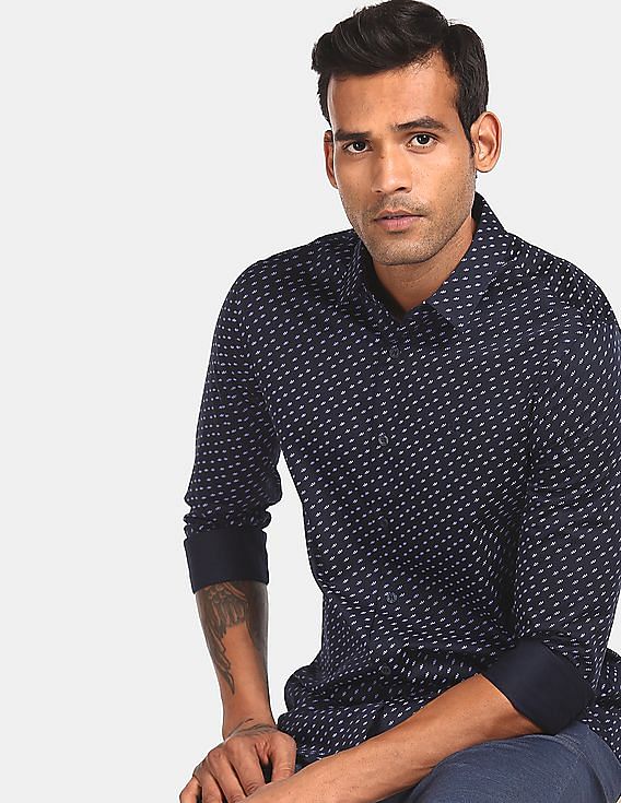 Buy Calvin Klein Men Navy Stretch Satin Printed Casual Shirt 