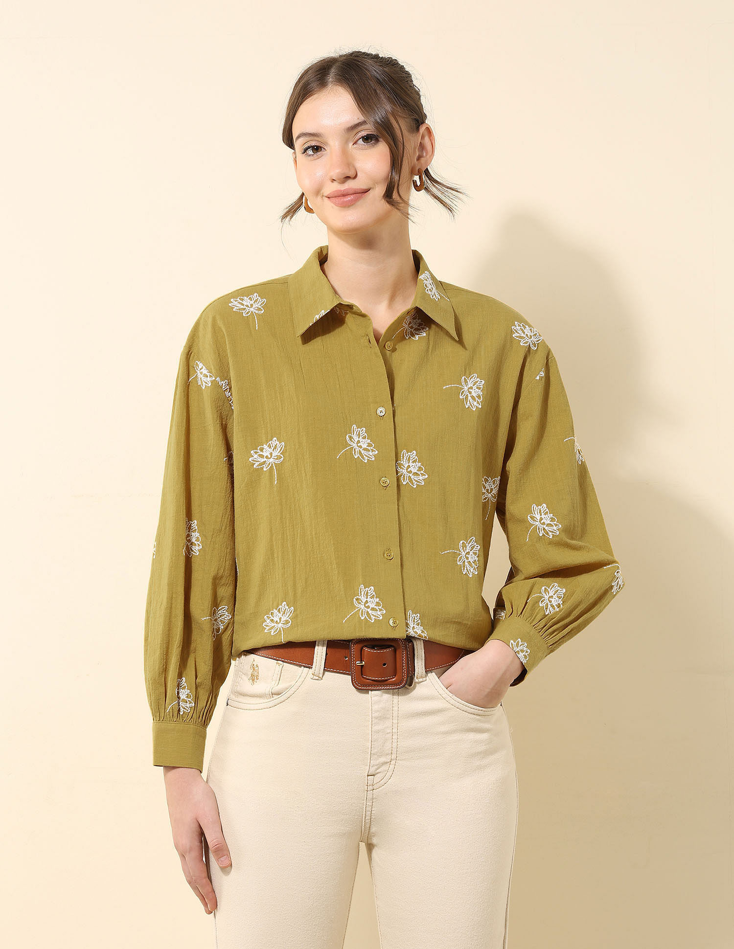 U.S. Polo Assn. Women Floral Embroidered Dobby Shirt