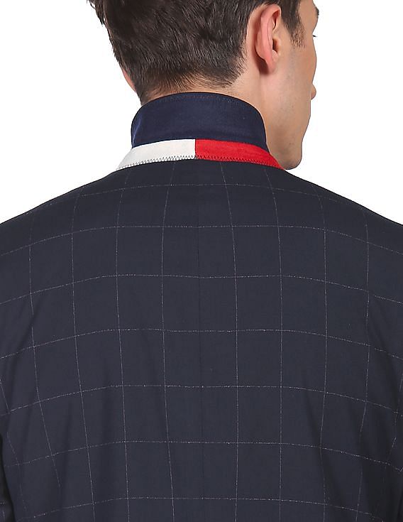 Tommy Hilfiger Men Navy Notch Lapel Collar Check Formal Blazer