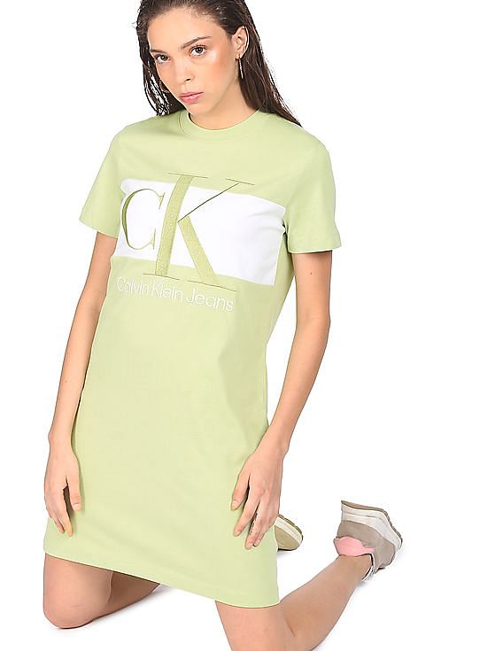 Calvin Klein Women Light Green Colour Block Logo T-Shirt Dress