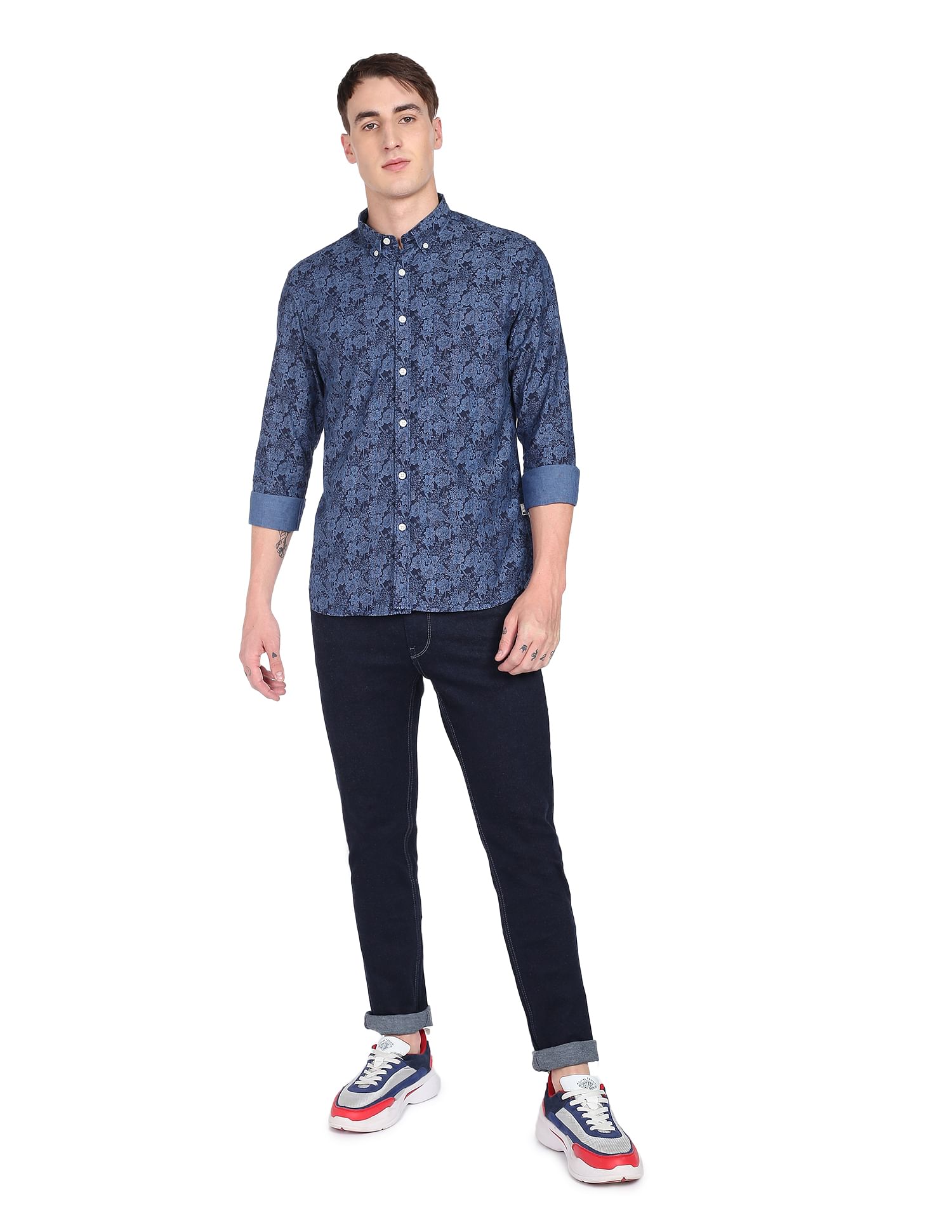 Flying Machine Button-Down Collar Floral Print Shirt