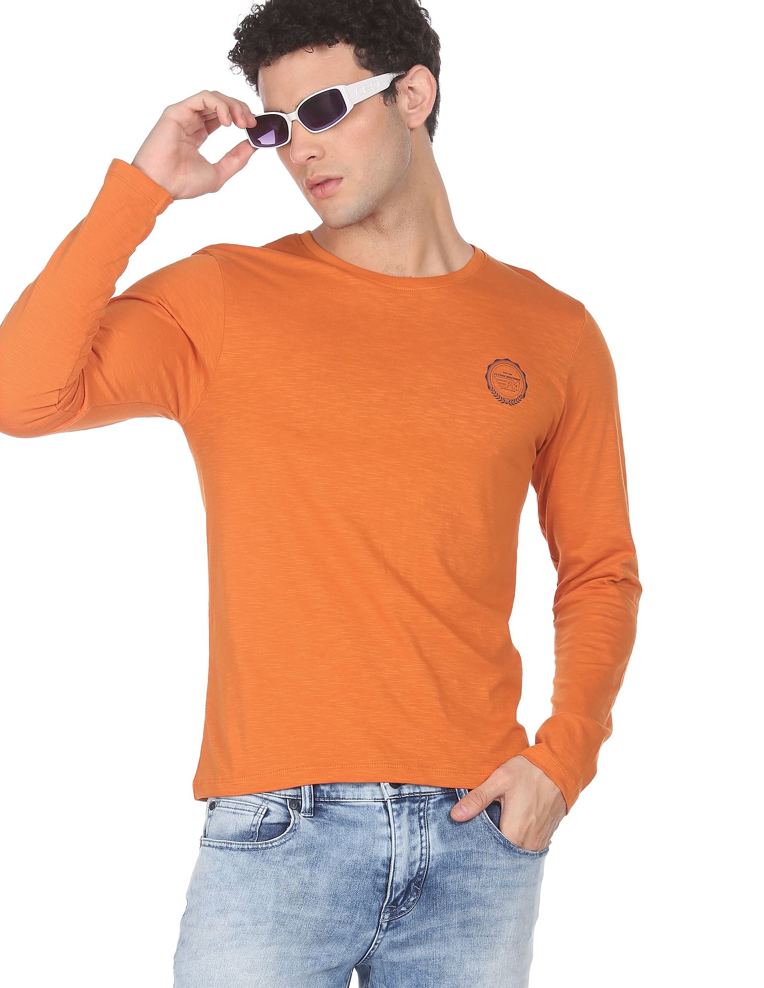 Flying Machine Long Sleeve Cotton Heathered T-Shirt