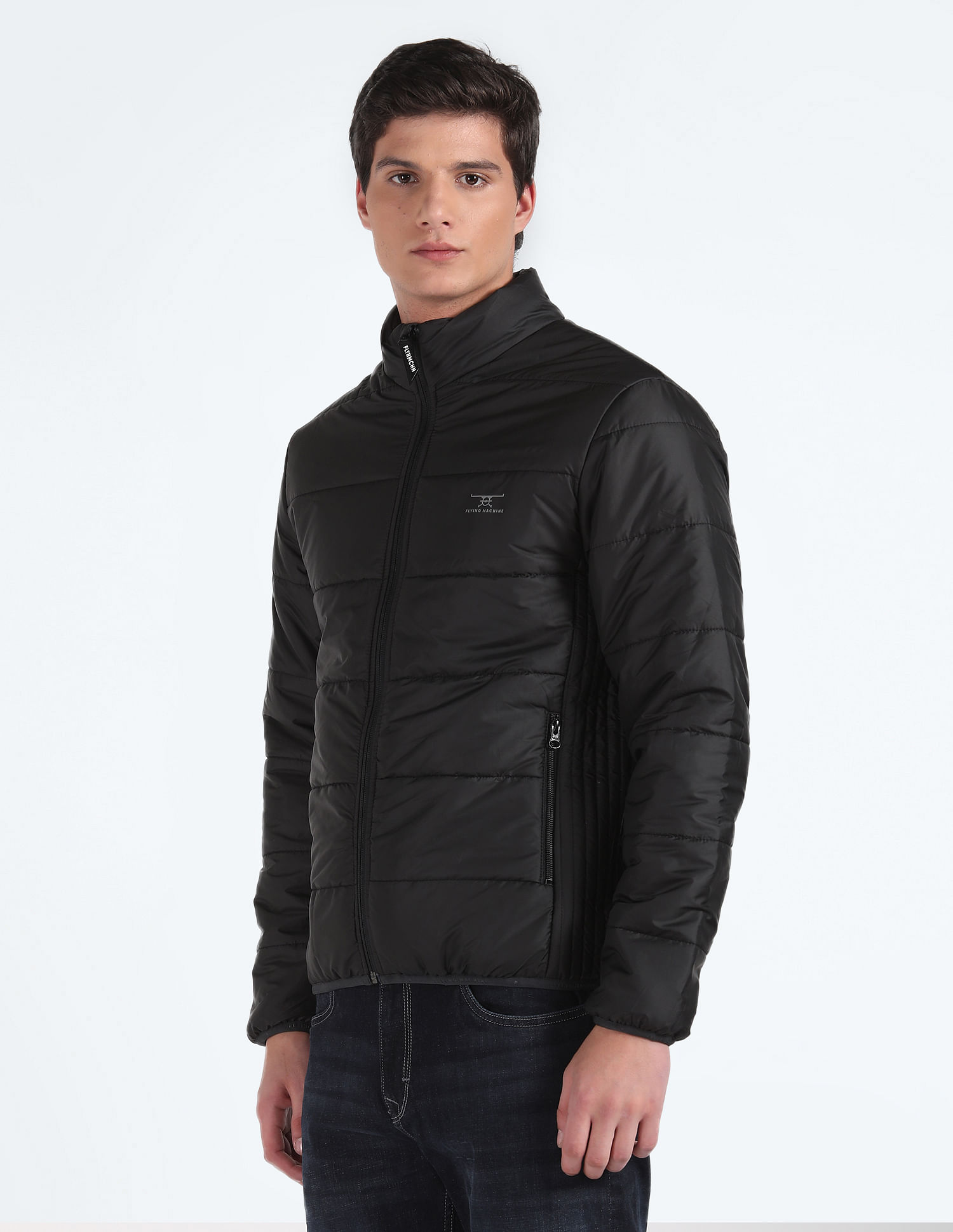 Flying Machine Stand Collar Solid Quilted Jacket