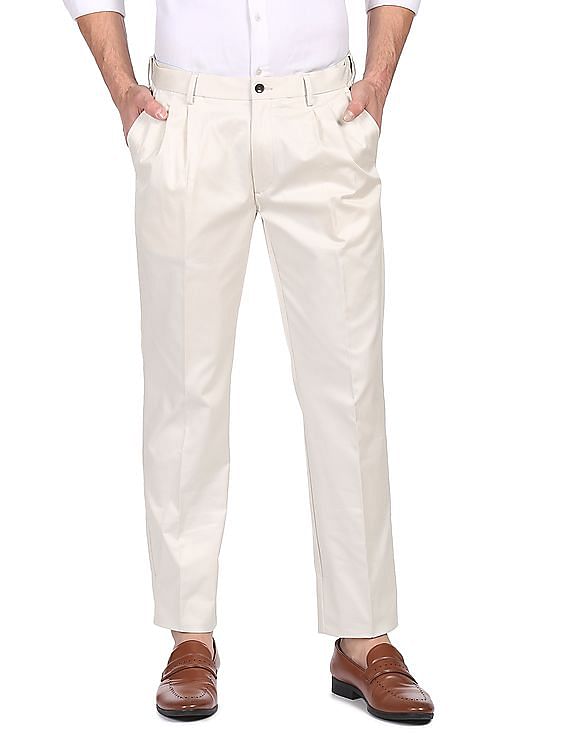 Sojanya Since 1958 Mens Cotton Blend Gold  OffWhite Striped Formal  Trousers