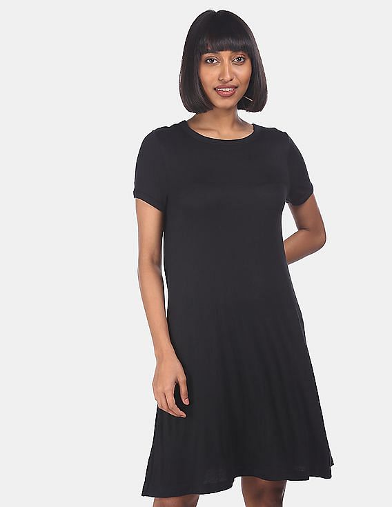 GAP Women Black Short Sleeve Ribbed T-Shirt Dress