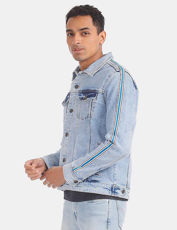 Flying Machine Striped Taping Faded Denim Jacket