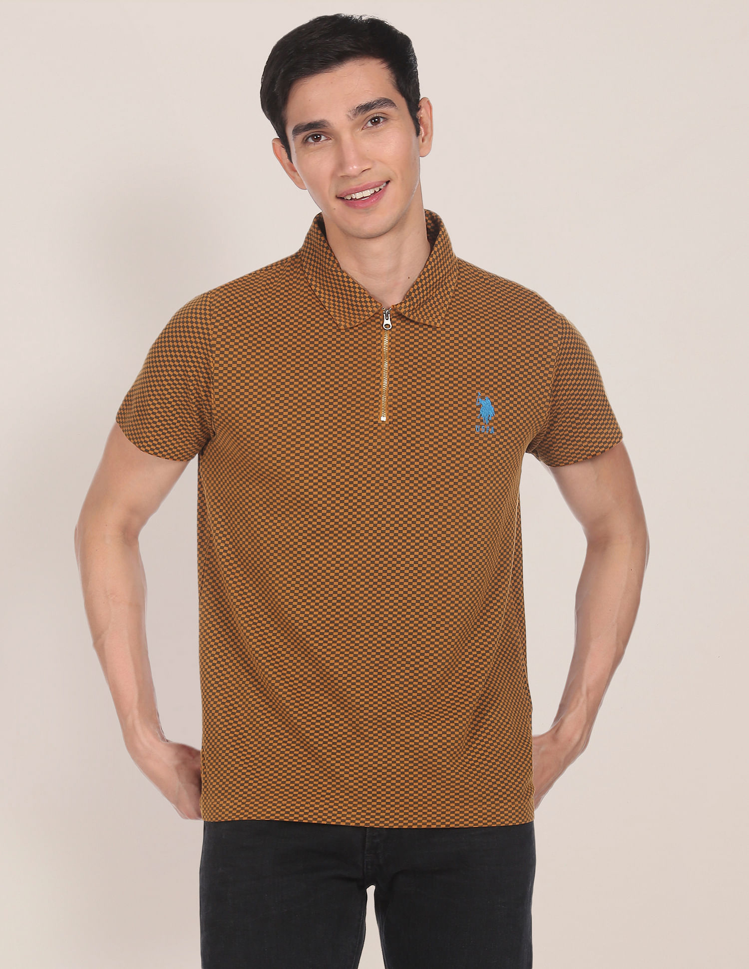 U.S. Polo Assn. Zipper Placket Checked Polo Shirt
