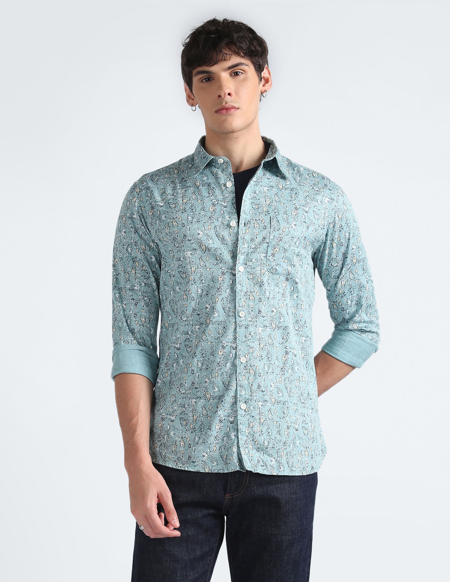 Flying Machine Abstract Print Cotton Shirt