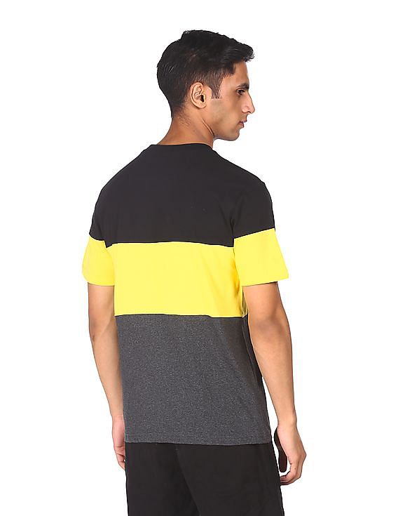 Aeropostale Men Black And Yellow Cotton Colour Block T-Shirt