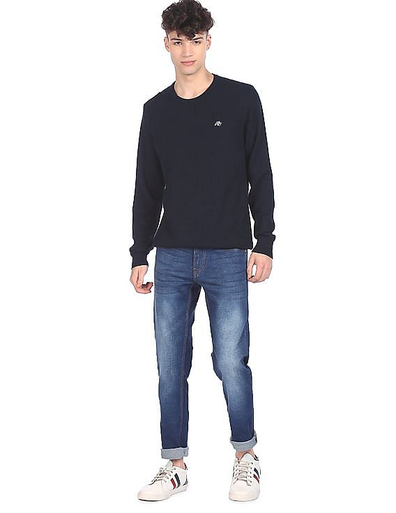 Aeropostale Men Navy Crew Neck Textured Sweater