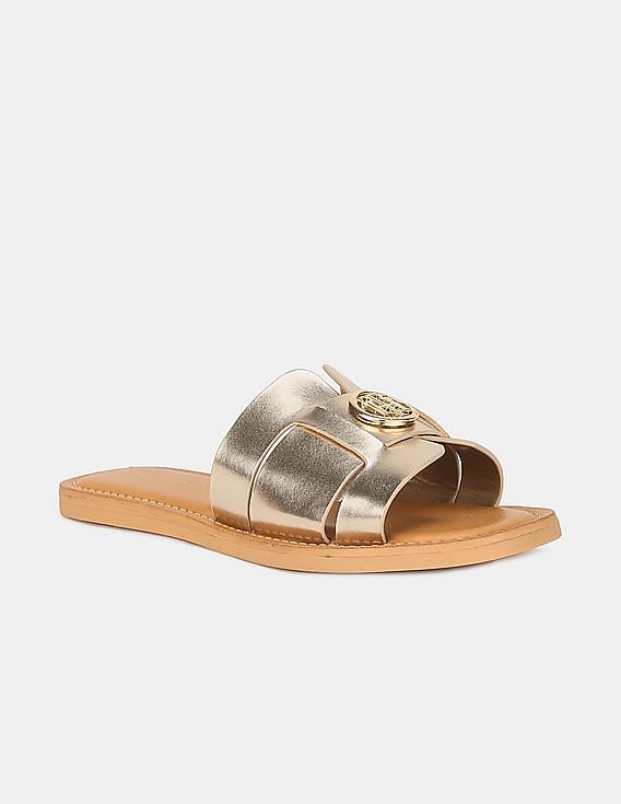 Buy Tommy Hilfiger Women Gold Stylized Forefoot Strap Logo Slides NNNOW