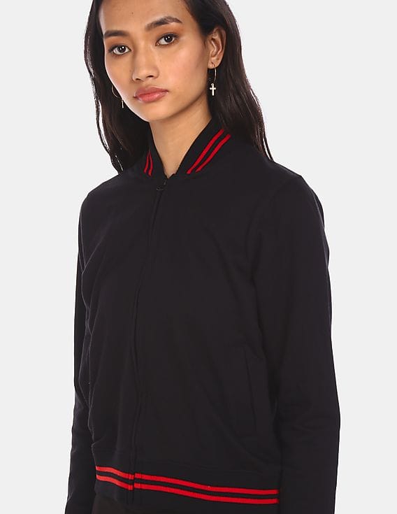 Buy Flying Machine Women Ribbed Stand Collar Solid Sweatshirt