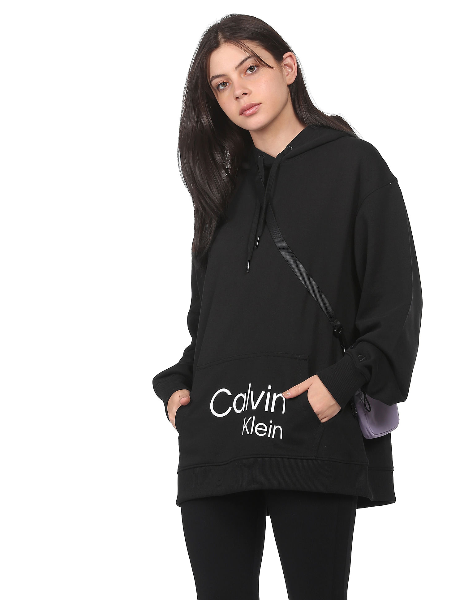 Buy Calvin Klein Jeans Women Black Long Sleeve Brand Print Hooded Sweatshirt  