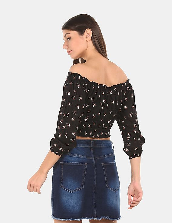 Aeropostale Women Black Printed Off Shoulder Top
