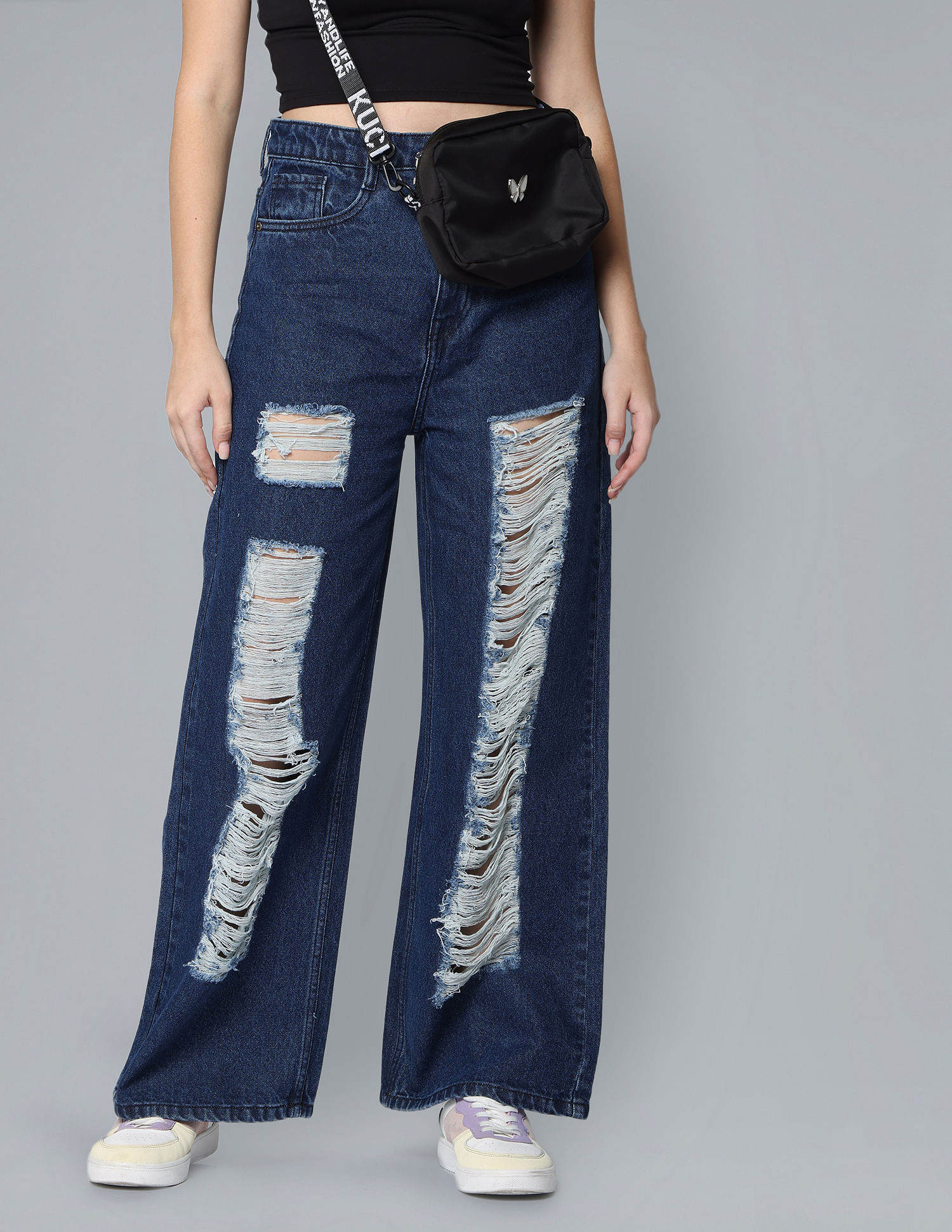 Buy Flying Machine Women High Rise Wide Leg Distressed Jeans 