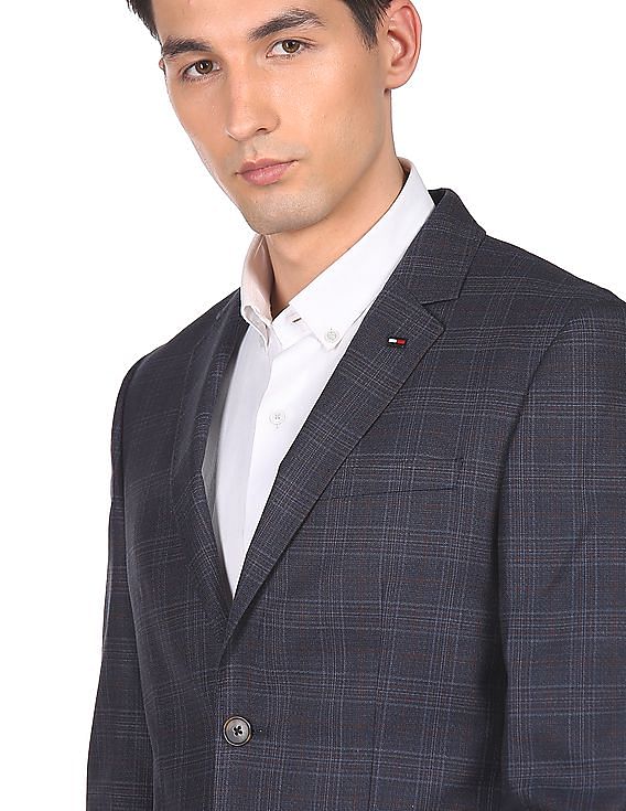Tommy Hilfiger Men Navy Tailored Regular Fit Check Formal Blazer