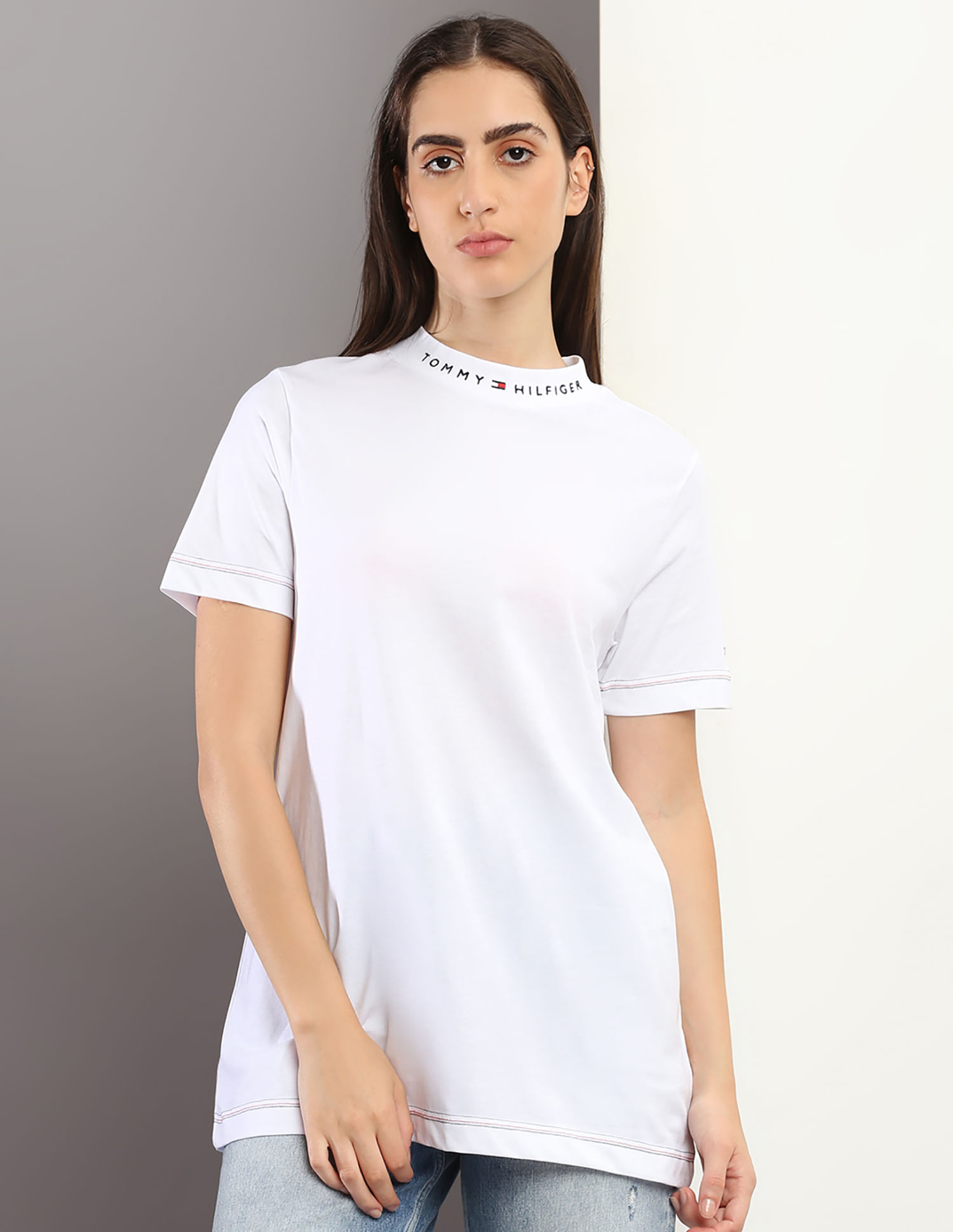 Buy Tommy Hilfiger Mock Neck Solid Transitional Cotton T-Shirt