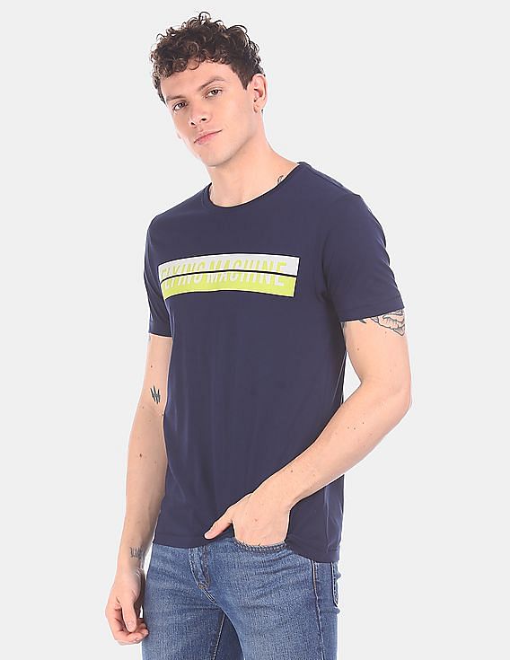 Buy Flying Machine Men Blue Ribbed Crew Neck Printed T-Shirt - NNNOW.com