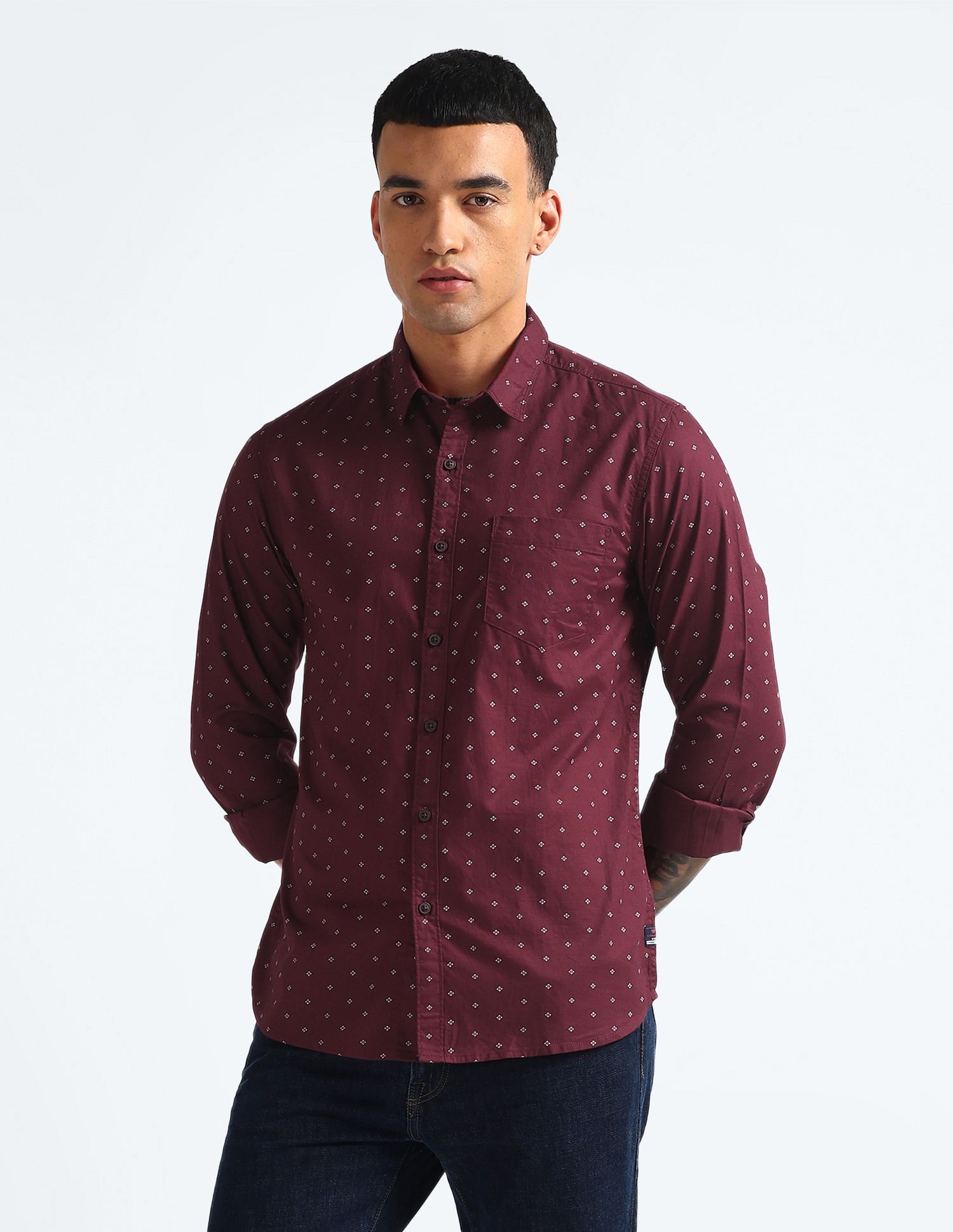 Flying Machine Geometric Print Cotton Shirt