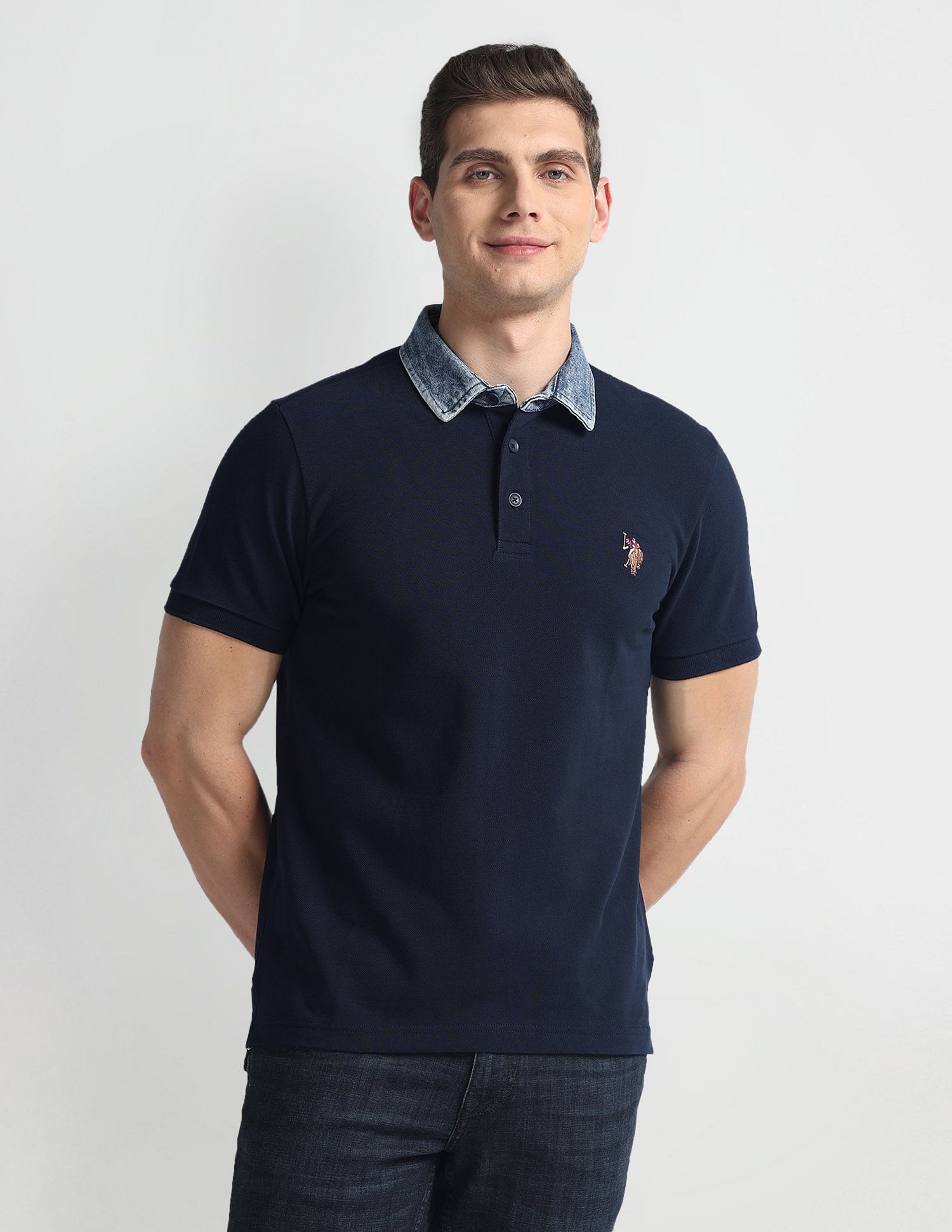 Denim polo shirt best sale