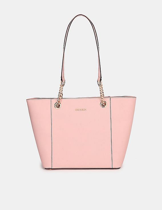 Buy Calvin Klein Women Pink Chain Trim Strap Textured Tote Bag 