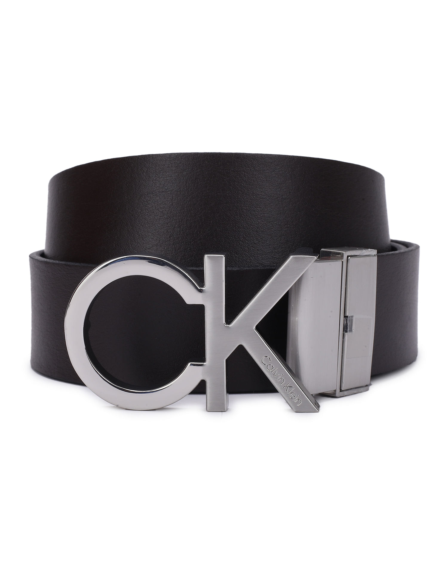 Buy Calvin Klein Men Black And Brown Monogram Buckle Reversible Leather Belt  