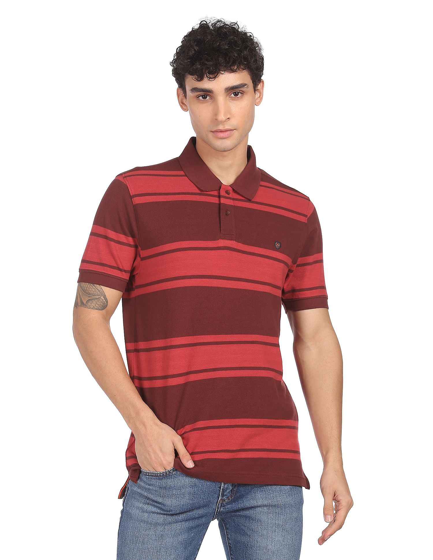 AD by Arvind Cotton Horizontal Striped Polo Shirt